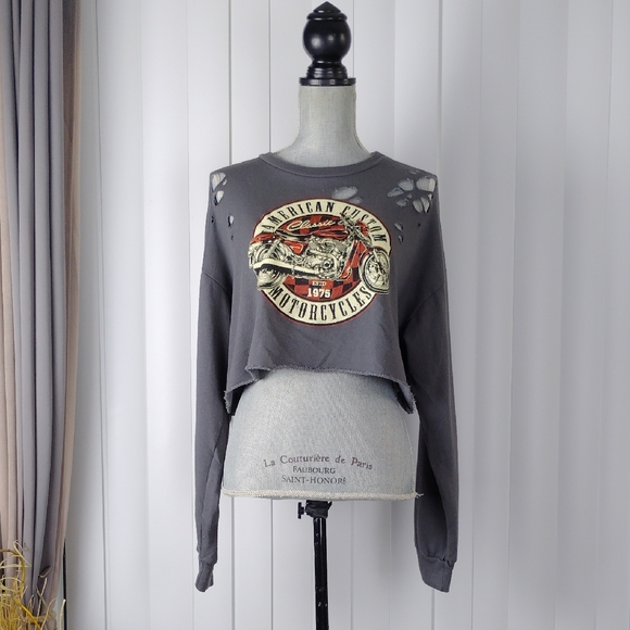 Windsor Tops - Windsor Distressed Grey Motorcycle Graphic Cropped Sweatshirt
